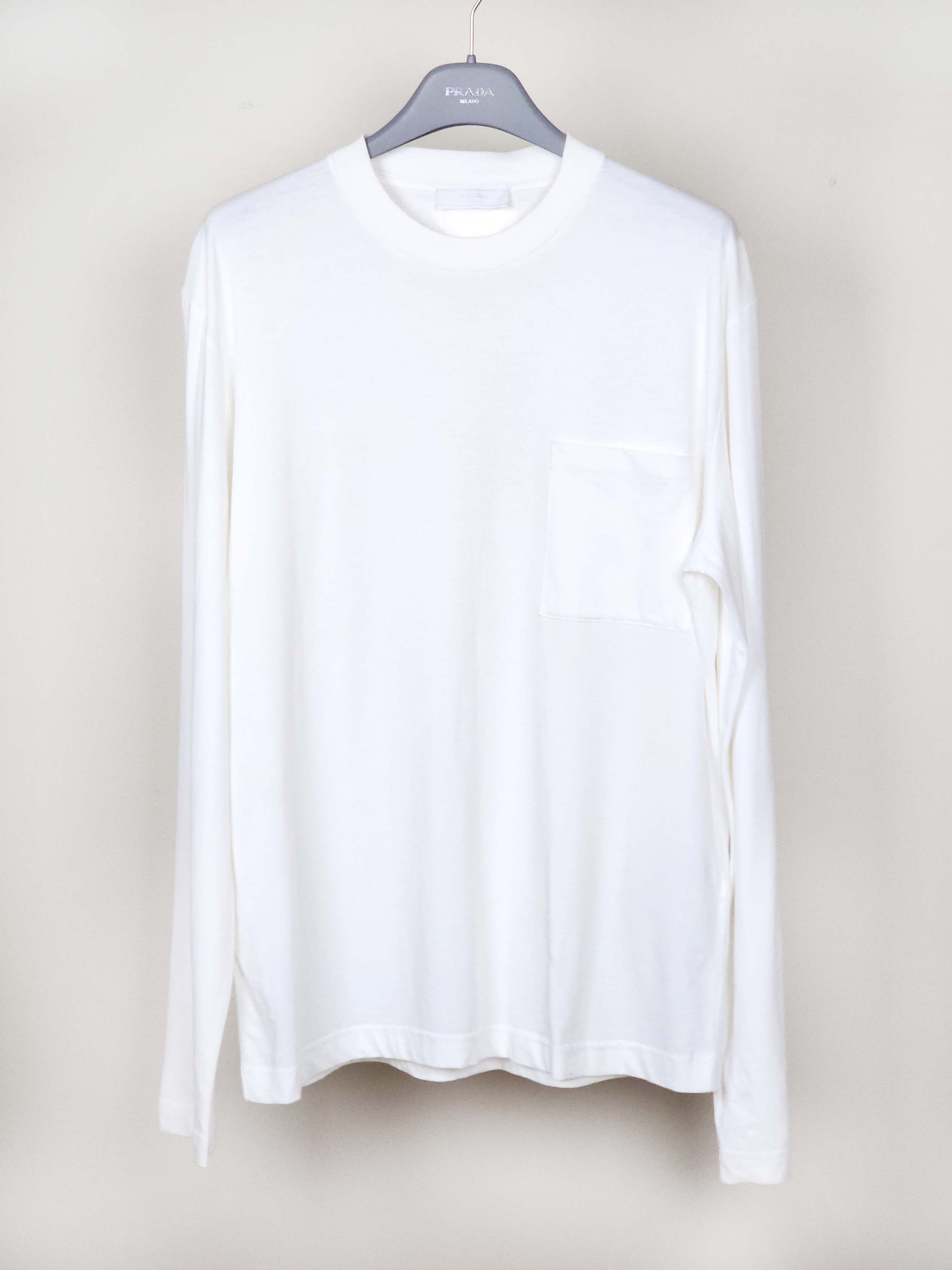 Prada White Long Sleeve Cotton Logo Patch Pocket T-Shirt Size L / US 10 / IT 46 - 1 Thumbnail