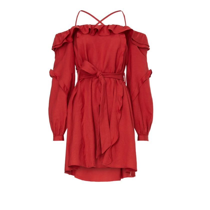 REVOLVE Marissa Webb Red Ruffle Off The Shoulder Belted Mini Dress Size S / US 4 / IT 40 - 4 Thumbnail