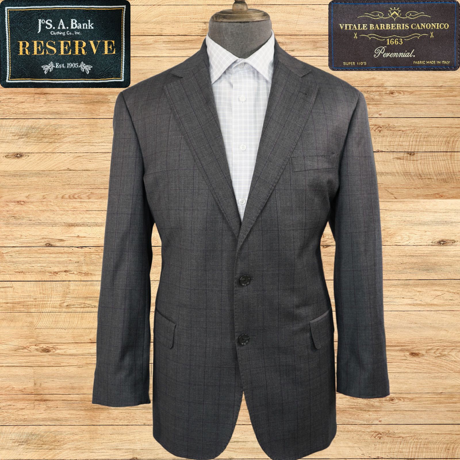 Jos A Bank Reserve Suit Jacket Mens 44R Vitale Barberis Wool