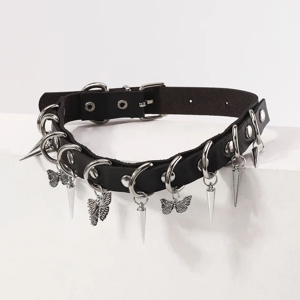 Jewelry Spike Black Leather Butterfly Choker Necklace Jewelry Size ONE SIZE - 3 Thumbnail