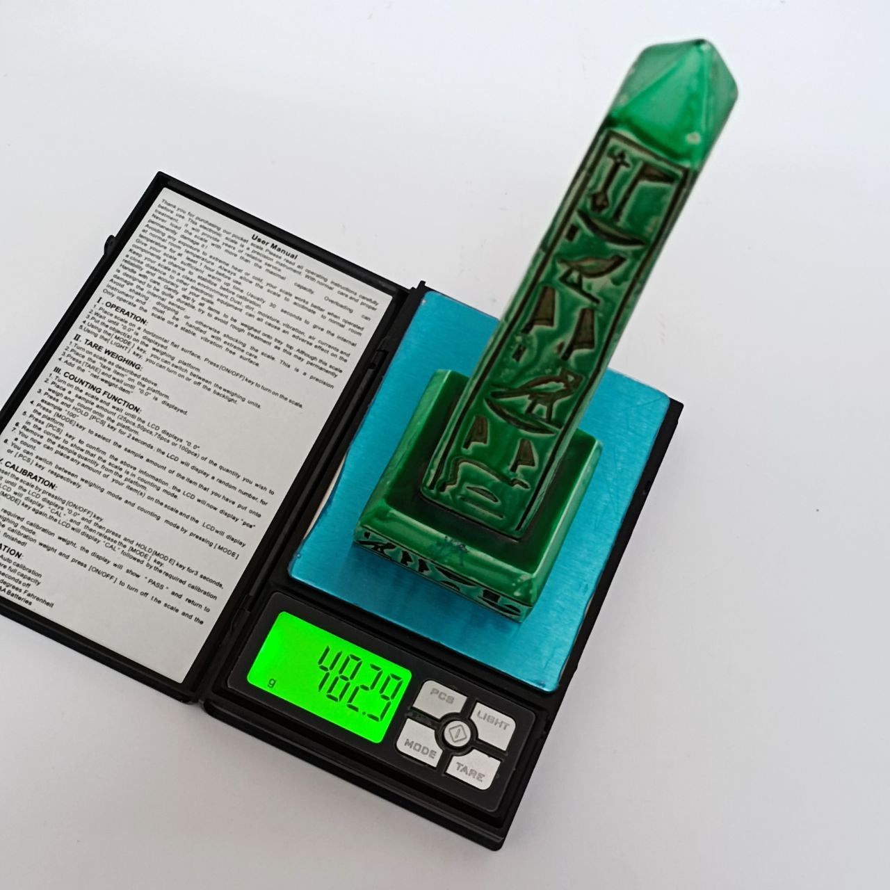 Handmade Green Egyptian obelisk with hieroglyphs pharaonic art piece. Size ONE SIZE - 5 Thumbnail