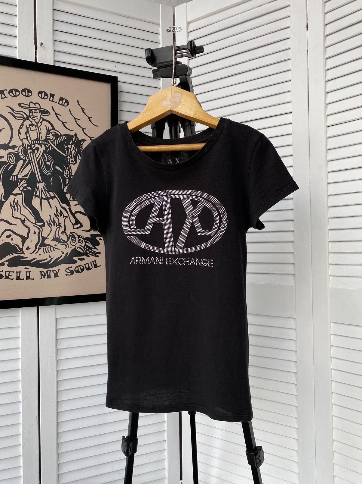 Armani Exchange × Japanese Brand Armani Exchange Rhinestone Crystals Diamante Logo Tee Shirt Size XS / US 0-2 / IT 36-38 - 1 Thumbnail