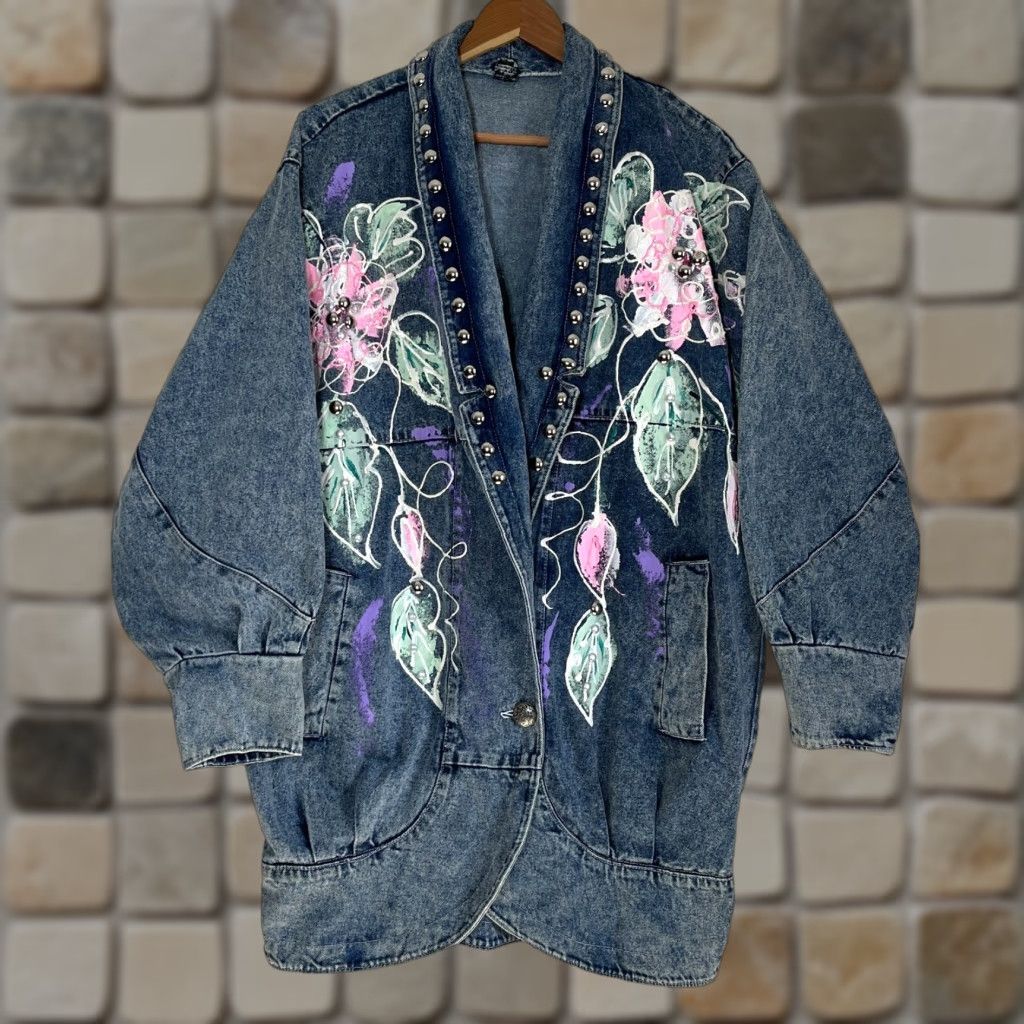 Denime VINTAGE Women's Denim Jacket Americana 80s Floral Blue Size L Jacket Womens 80s Americana Floral Denim Pockets Size L / US 10 / IT 46 - 1 Thumbnail