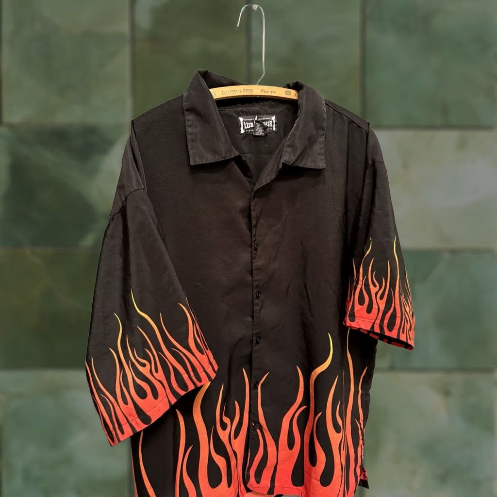 Vintage Steve And Barry’s Shirt Button-Up 2XL Short Sleeve Black Polyester University Flames Boys Mens? Size US XXL / EU 58 / 5 - 1 Thumbnail