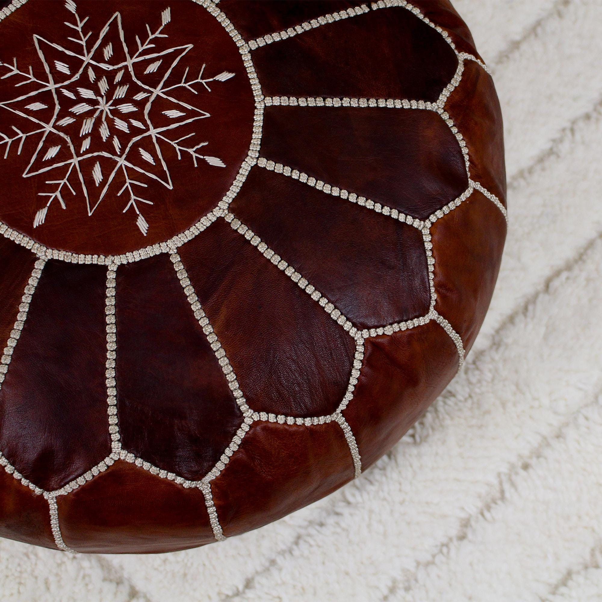 Leather × Vintage Round Handmade Leather Dark Brown Pouf Size ONE SIZE - 8 Thumbnail