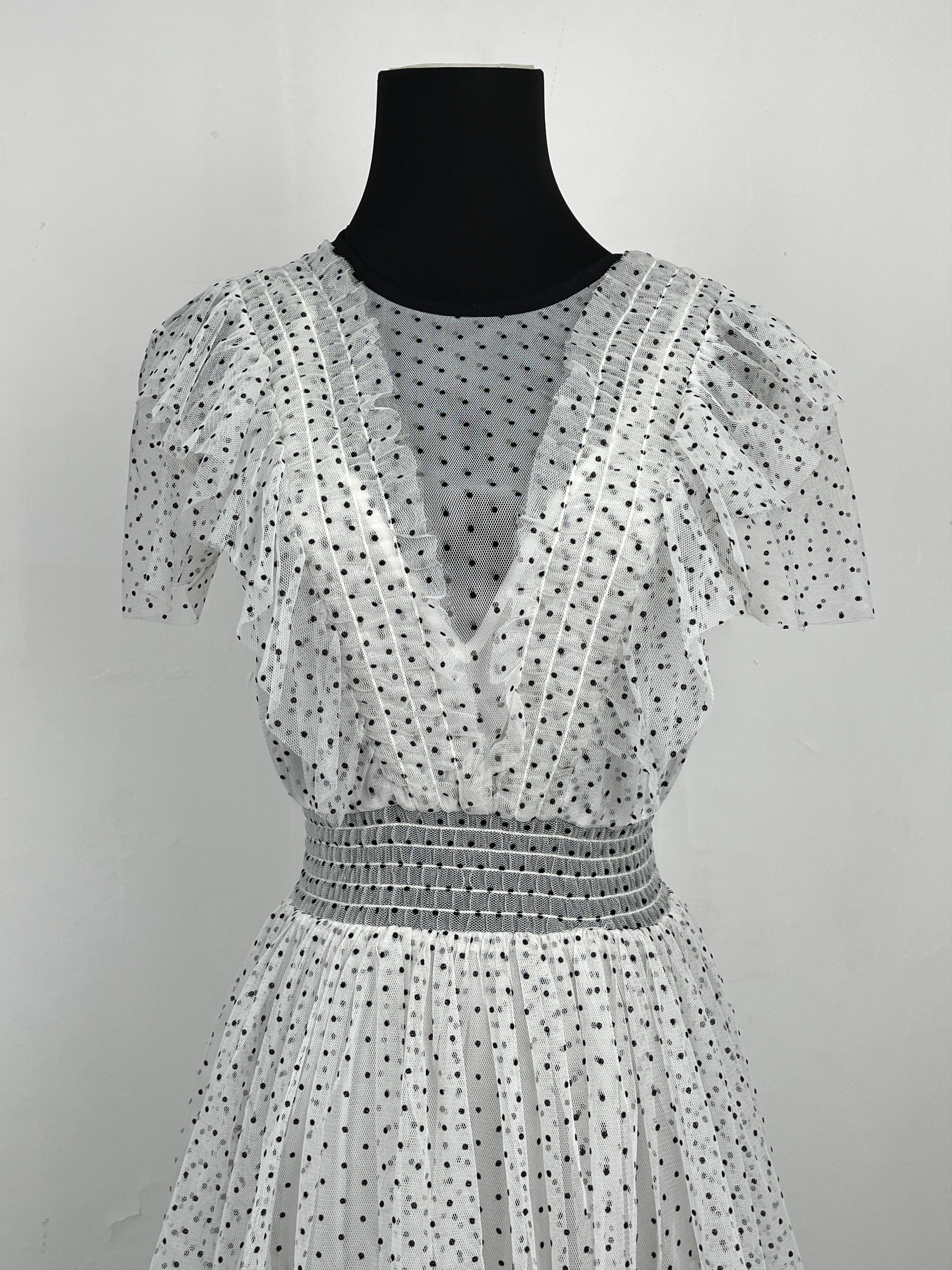 Maje Maje White And Black Polka Dots Mesh Long Ruffled Dress Size XS / US 0-2 / IT 36-38 - 4 Thumbnail