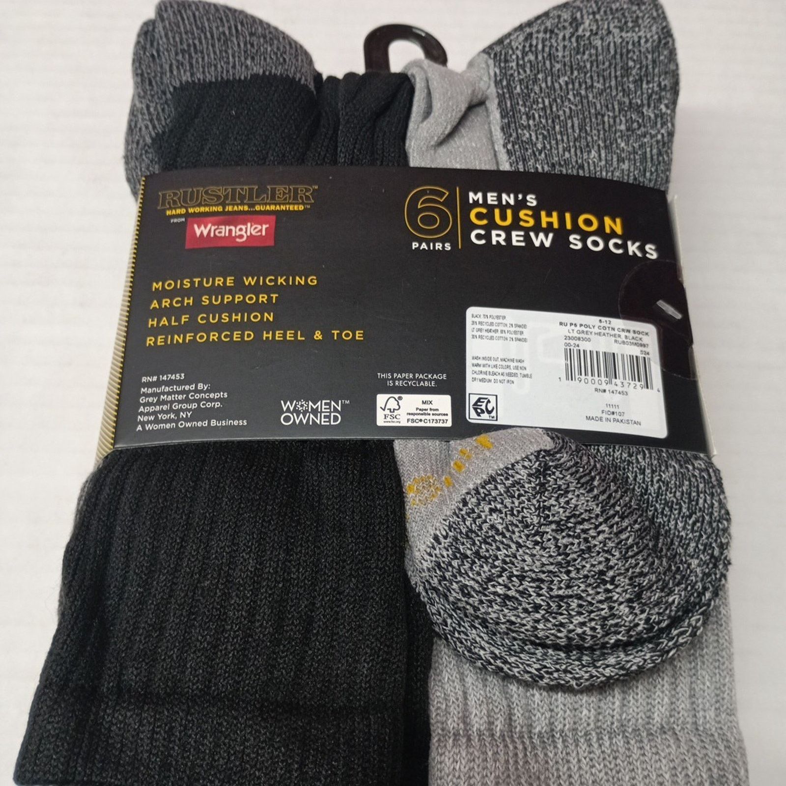 Wrangler Wrangler Rustler Men’s Cushion Crew Socks 6 Pk Black Grey Size ONE SIZE - 3 Thumbnail