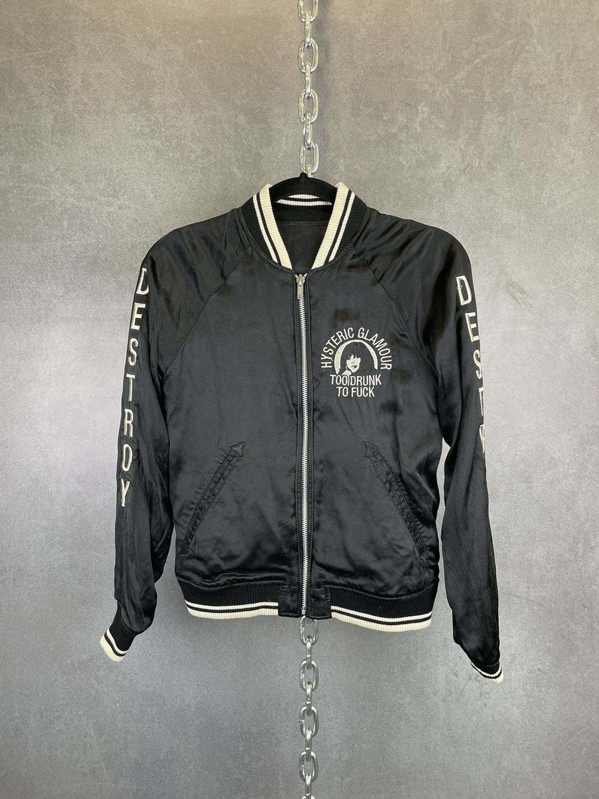 image of Hysteric Glamour Too Drunk Too Fuck Silk Reversible Bomber in Black, Women's (Size Small)