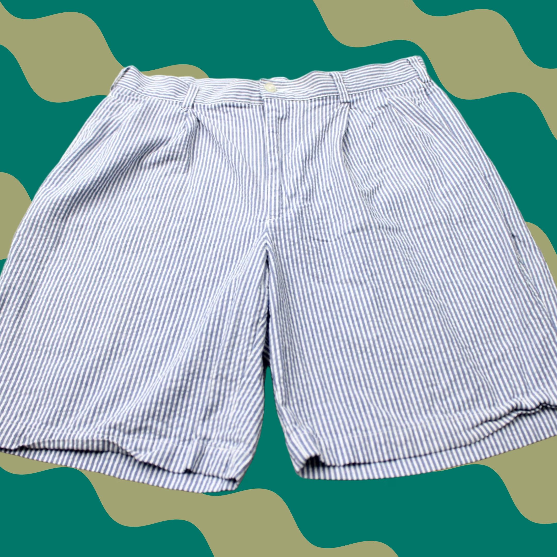 Jos. A. Bank Jos. A. Bank Chino Shorts Men 33 Blue/White Striped Seersucker Cotton Chino Shorts Casual Pockets 9in Inseam Regular Rise Mid-Topstitch? Size US 33 - 1 Thumbnail