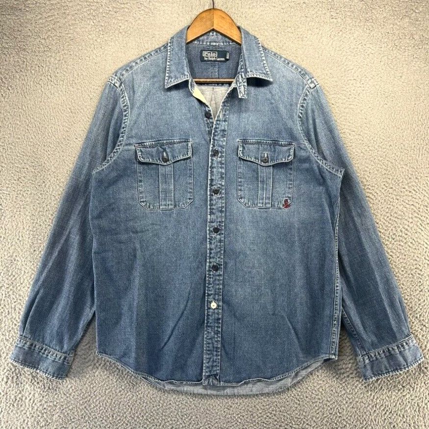 image of Vintage Ralph Laurent Denim Shirt Mens Large Blue Anchor Logo Pockets Embroidered in White