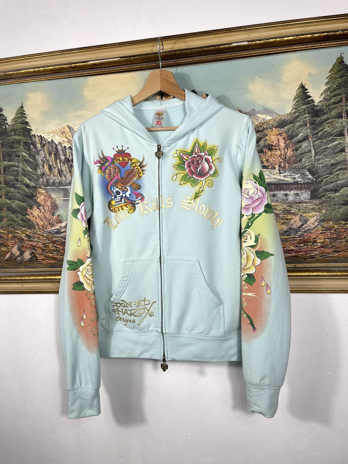 Christian Audigier × Ed Hardy × Vintage Ed Hardy Retro 00s Hoodie With Crystals Affliction Grunge Size US S / EU 44-46 / 1 - 3 Thumbnail