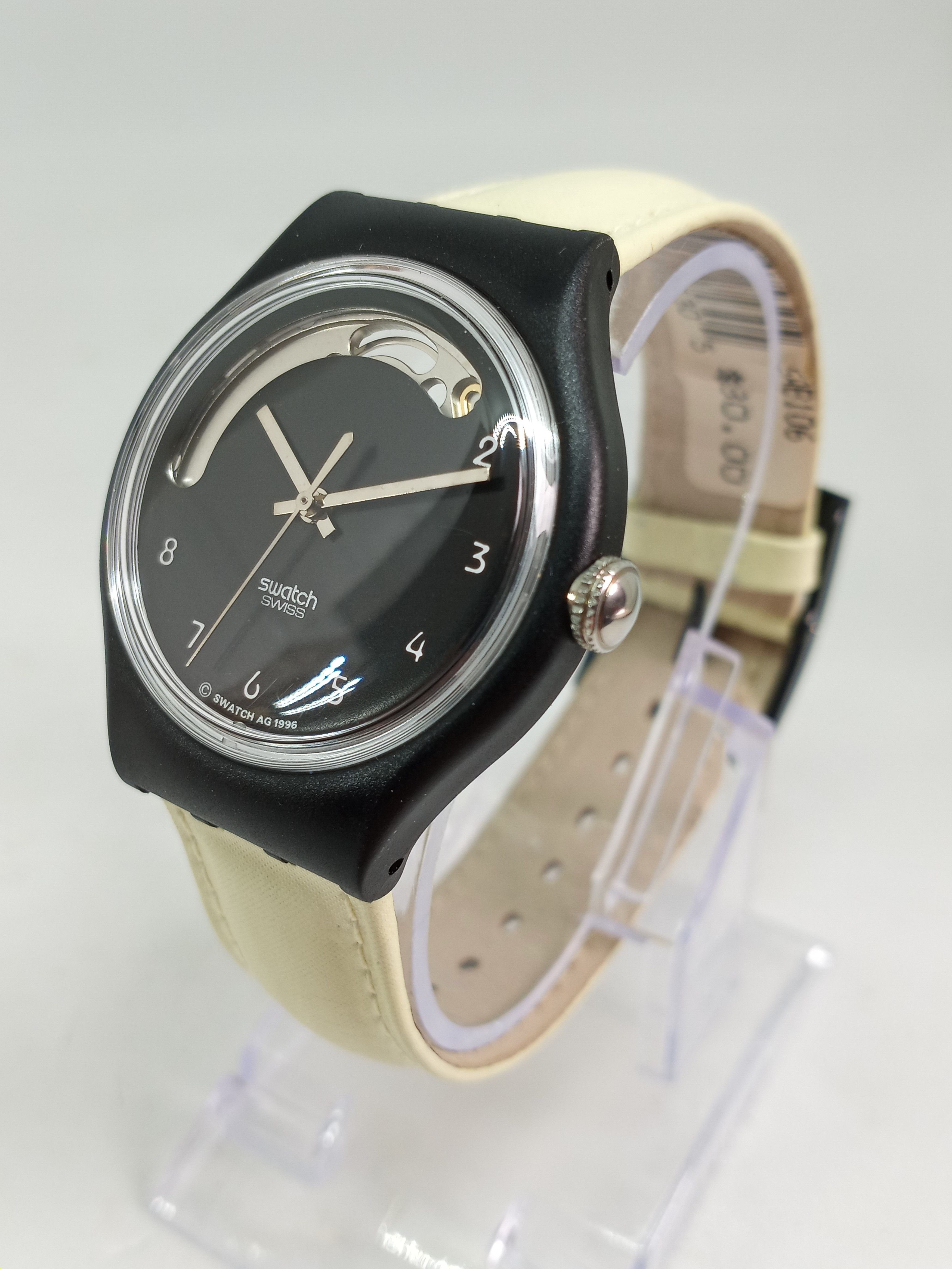 Vintage 1996 Swatch Sab106 "tarsia" 34Mm Automatic Watch in Black/Cream, Men's Product Image