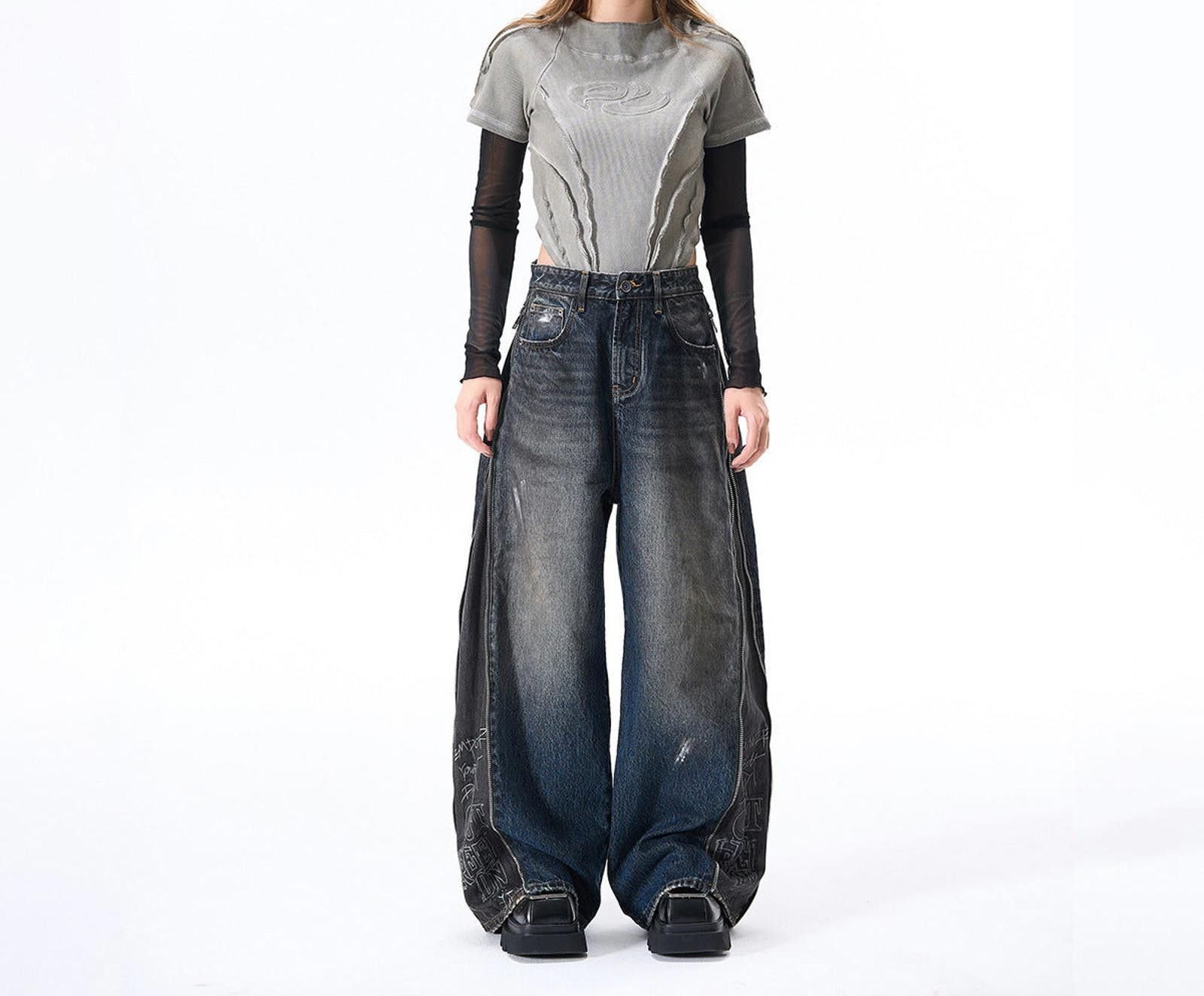 Vintage Distressed Baggy Wide Leg Jeans, Barrel Leg Jeans Size 32" / US 10 / IT 46 - 3 Thumbnail