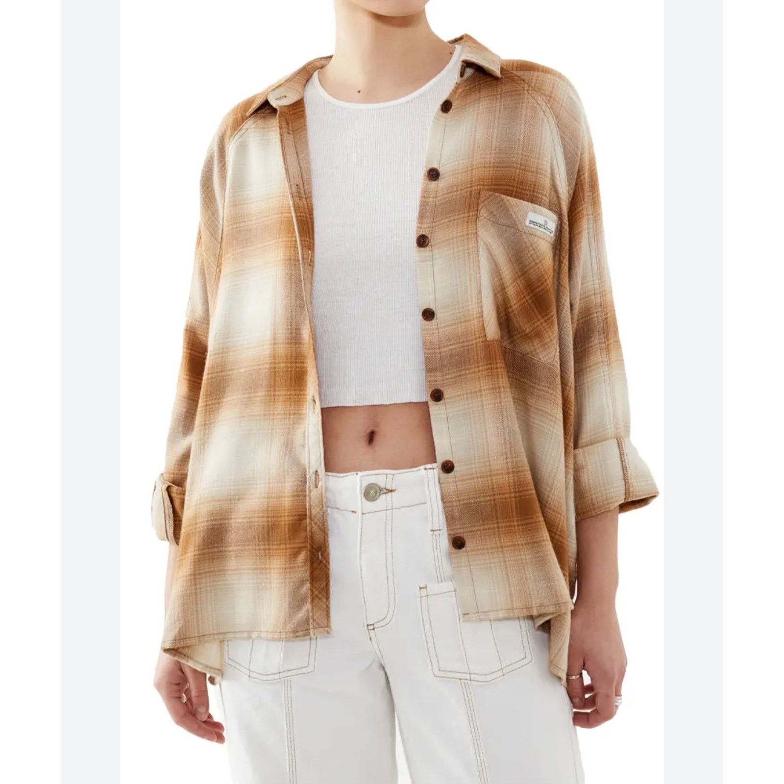 Bdg BDG Urban Outfitters Plaid High Low Button Up Brown Cream S Size S / US 4 / IT 40 - 1 Thumbnail