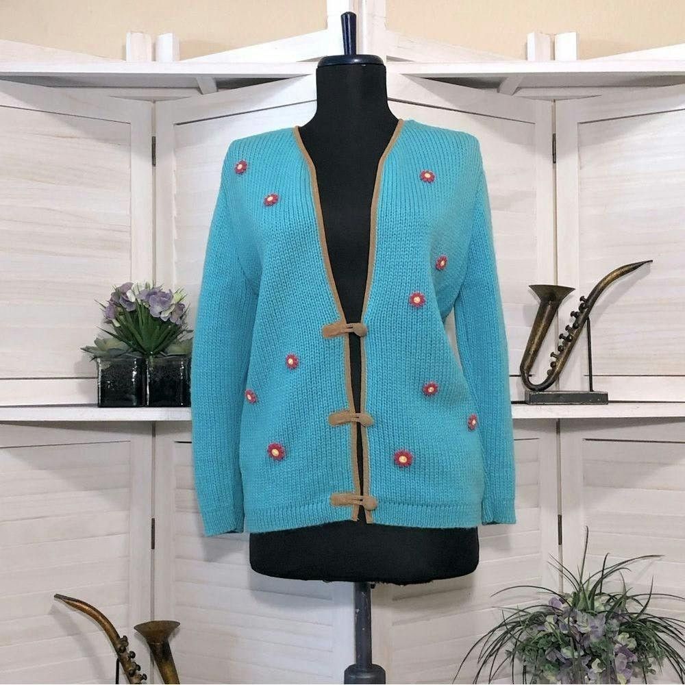 Vintage Vtge 80s pink daisies buttons teal blue granny cardigan M Size M / US 6-8 / IT 42-44 - 1 Thumbnail