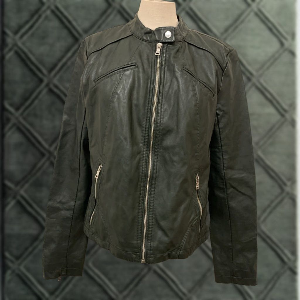 Guess GUESS Jacket Women's Biker Mid-Length Zip Black L Side-Stretch Panels 2193 Size L / US 10 / IT 46 - 1 Thumbnail