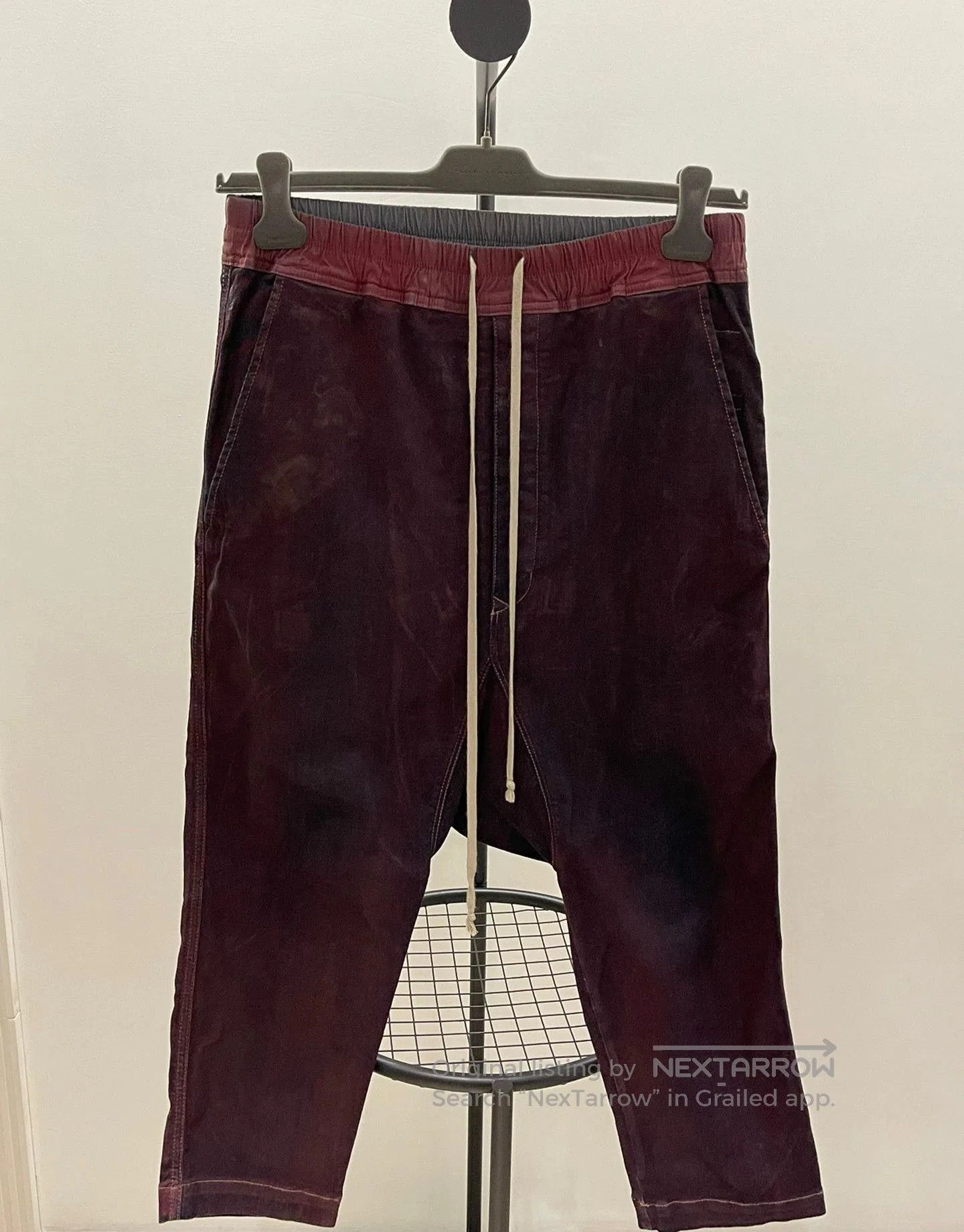 rick owens coated denim pants in grape purple.