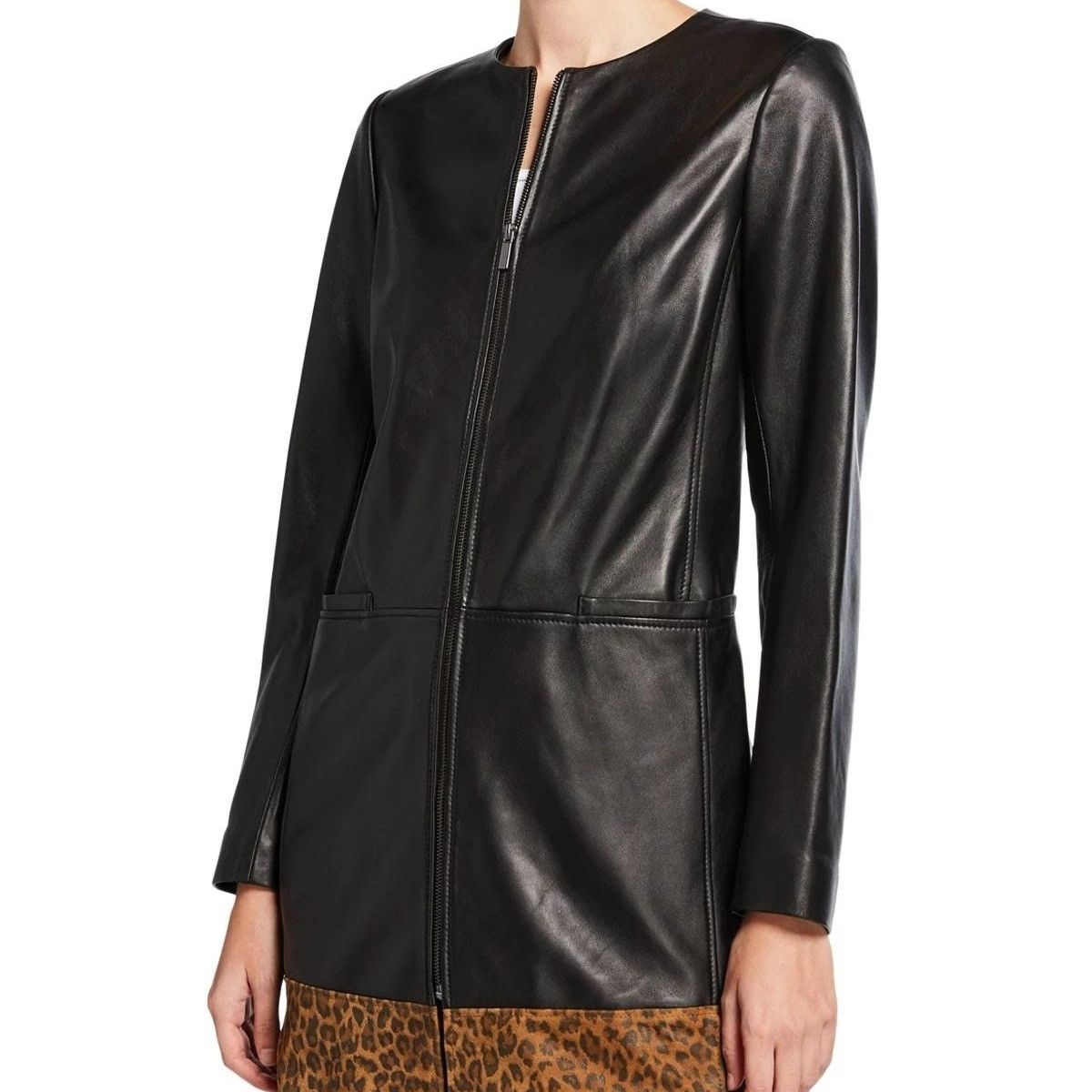 Neiman Marcus Neiman Marcus Black Leather Zip-Up Coat Leopard Print Hem Wo Size XL / US 12-14 / IT 48-50 - 2 Thumbnail