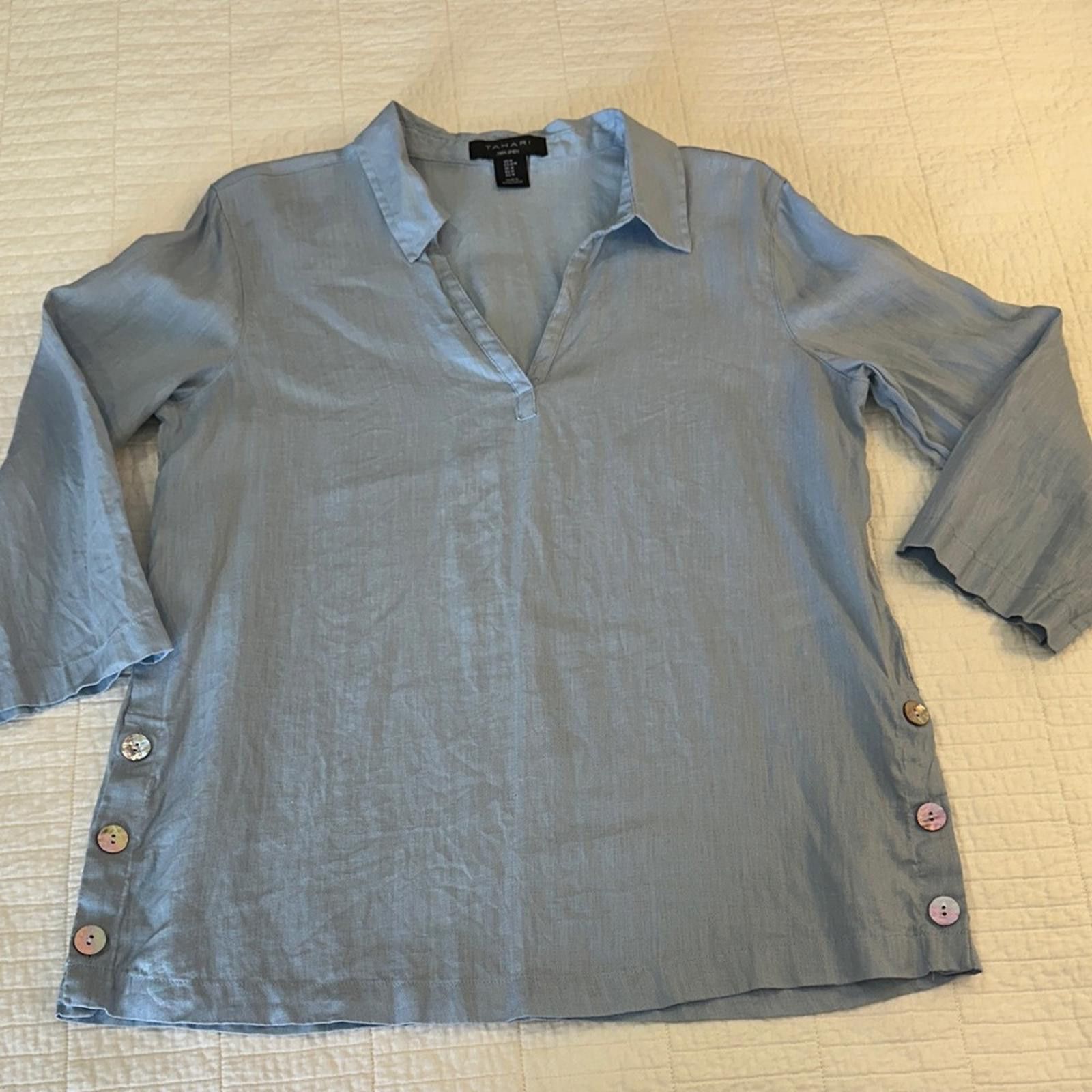 Elie Tahari Tahari Medium Sky Blue Linen Blouse with Button Tunic Length Size M / US 6-8 / IT 42-44 - 2 Thumbnail