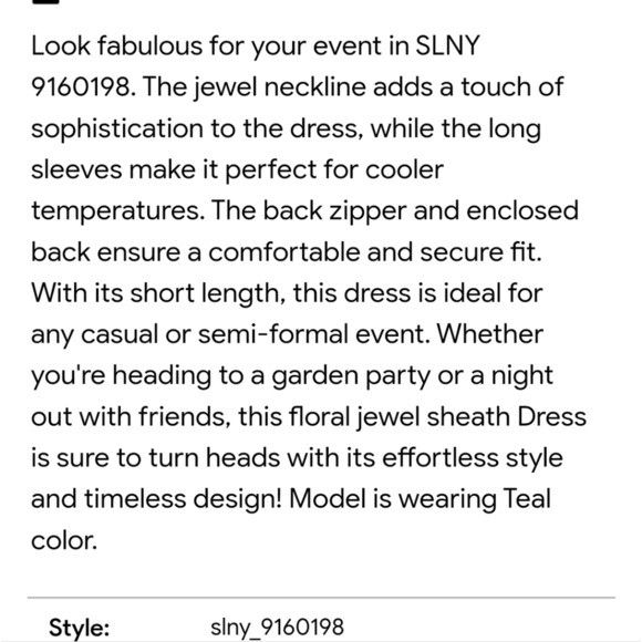 Designer SLNY Teal Floral Jewel Long Sleeve Sheath Sz. 16 Dress Size XXL / US 16-18 / IT 52-54 - 13 Thumbnail
