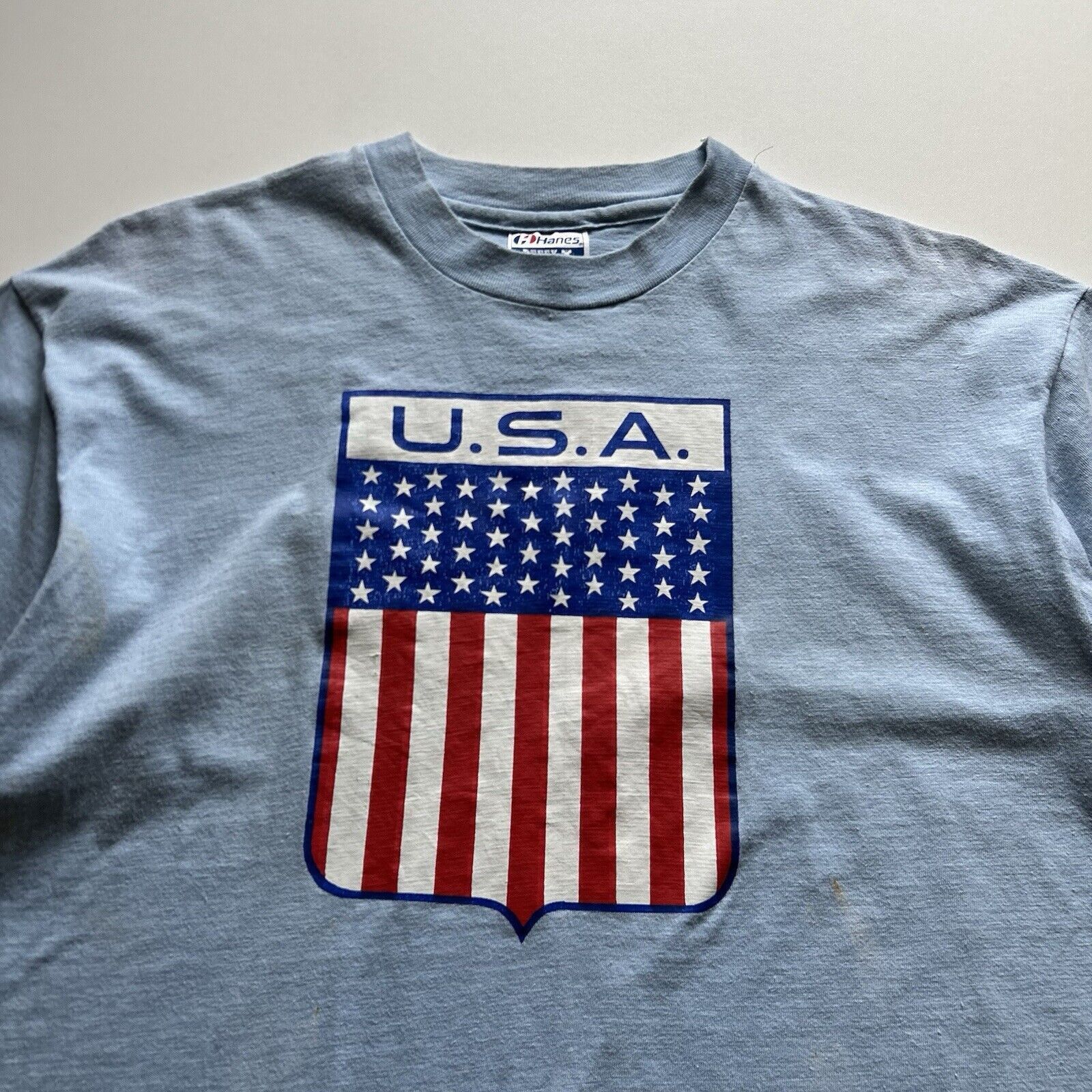 Vintage Vintage 90s USA Flag America T Shirt XL Blue Hanes Beefy T Size US XL / EU 56 / 4 - 2 Thumbnail