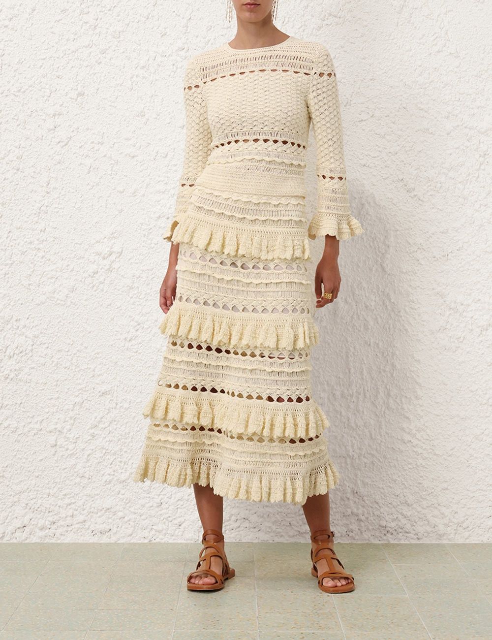 Zimmermann oc11z0525 Waverly Crochet Midi Skirt in Beige Size 26" / US 2 / IT 38 - 6 Thumbnail
