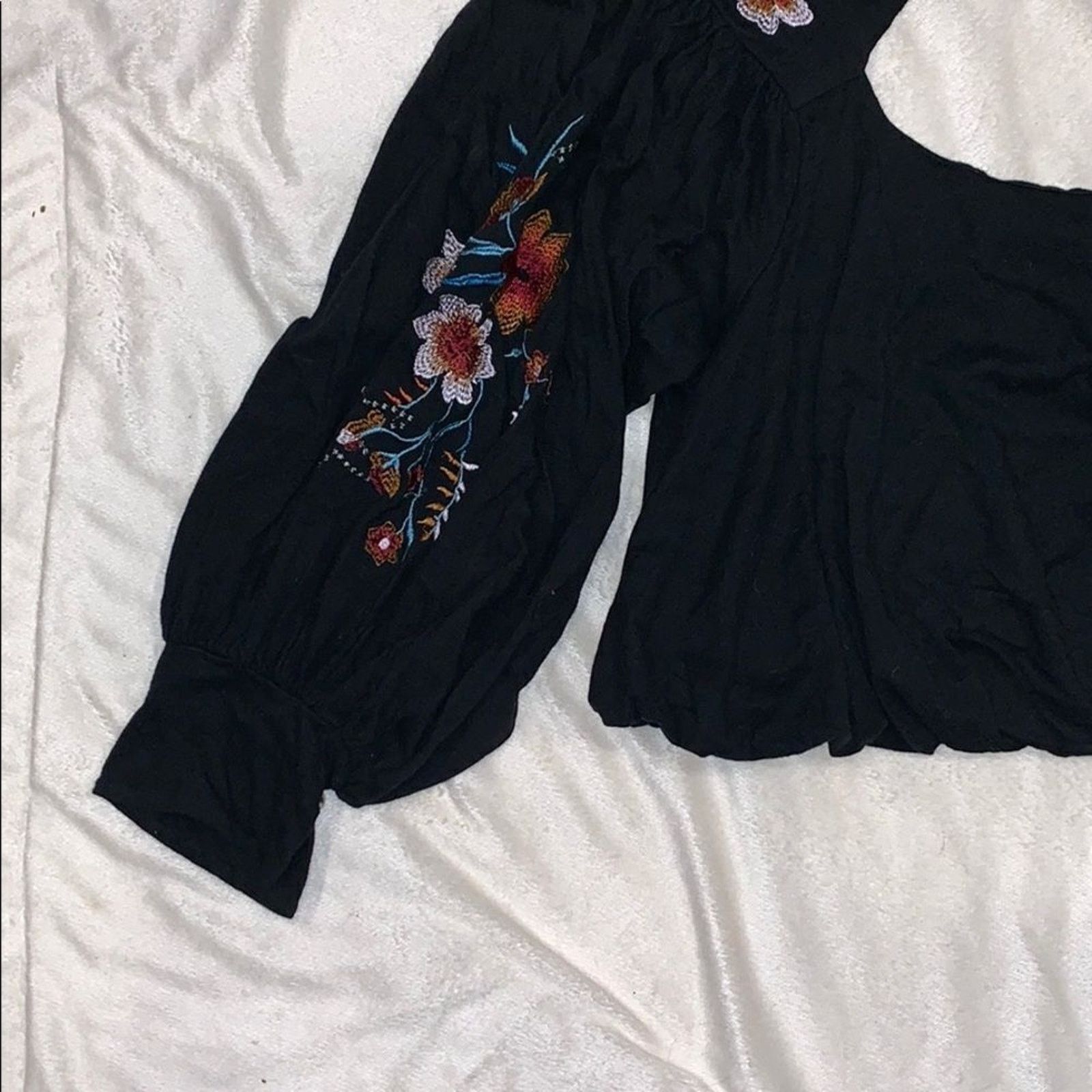 Free People FP Black Floral Embroidered Off-Sleeve Blouse | Sz XS, NWT Size XS / US 0-2 / IT 36-38 - 5 Thumbnail