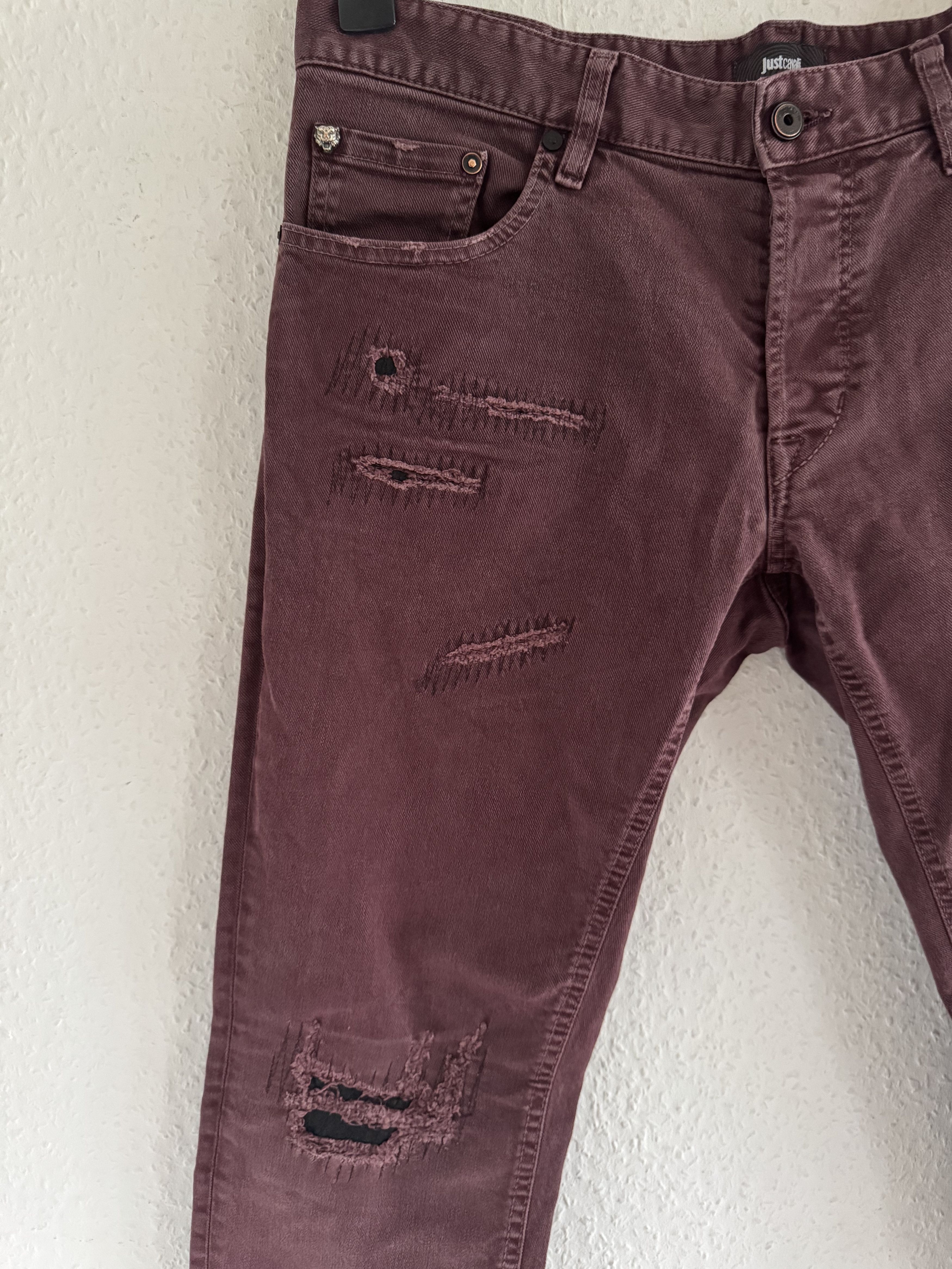 Just Cavalli Burgundy Distressed Slim Jeans Size US 33 - 3 Thumbnail