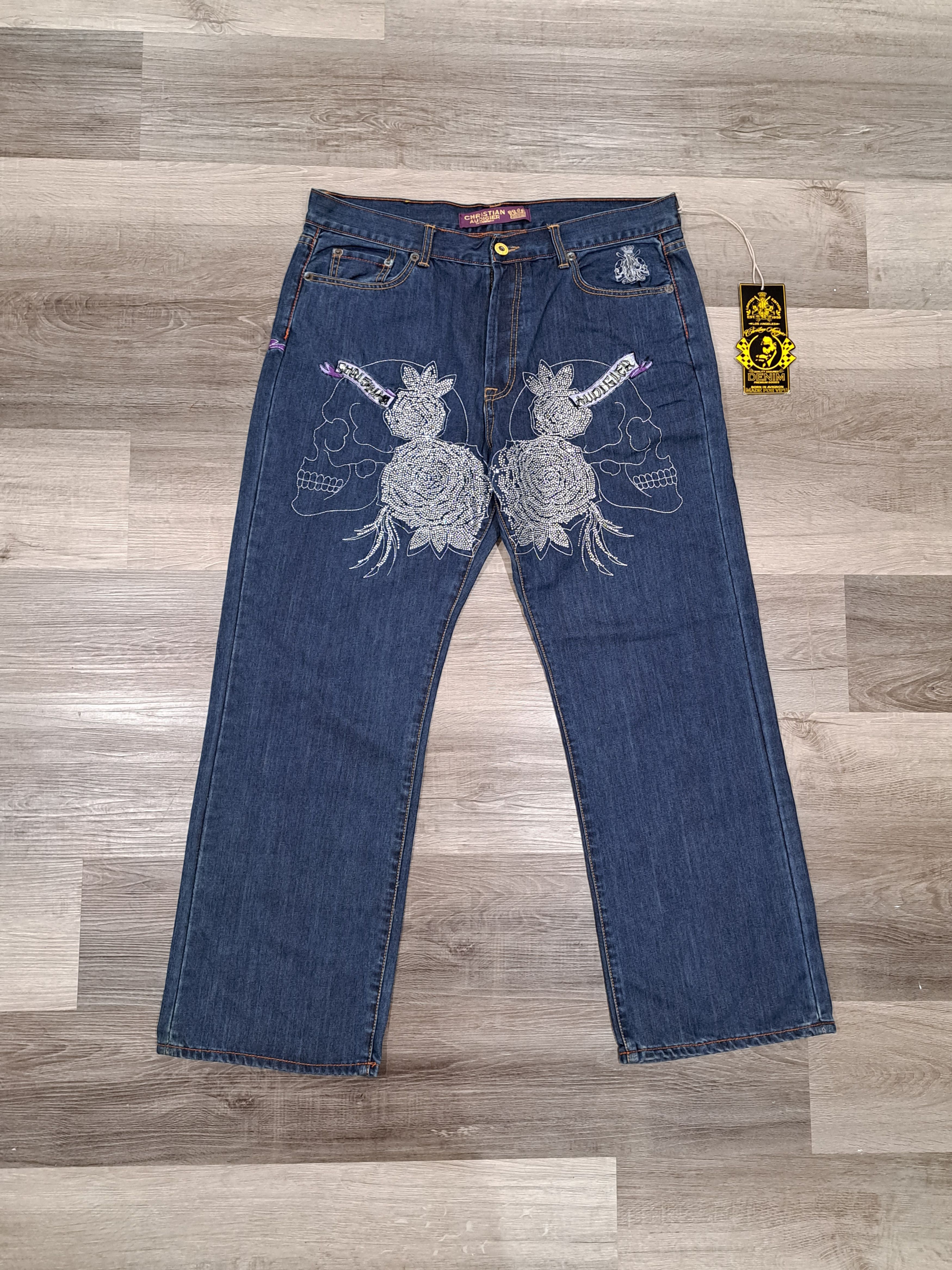 image of Christian Audigier Jeans Skulls Roses Tattoo Y2K Rock Punk in Blue, Men's (Size 38)