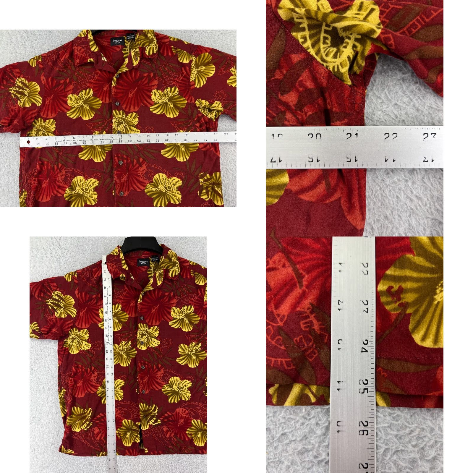 Haggar Haggar Mens Red Floral Hawaiian Hibiscus Tribal Print 100% Rayon Shirt Large Button-Up Casual Resort Luau Aloha 90s Womens? Size US L / EU 52-54 / 3 - 8 Thumbnail