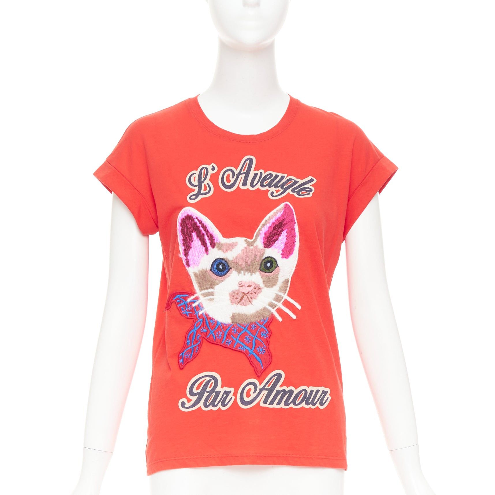 Gucci GUCCI L'Aveugle Par Amour red cat embroidered short sleeve t-shirt S Size S / US 4 / IT 40 - 1 Thumbnail