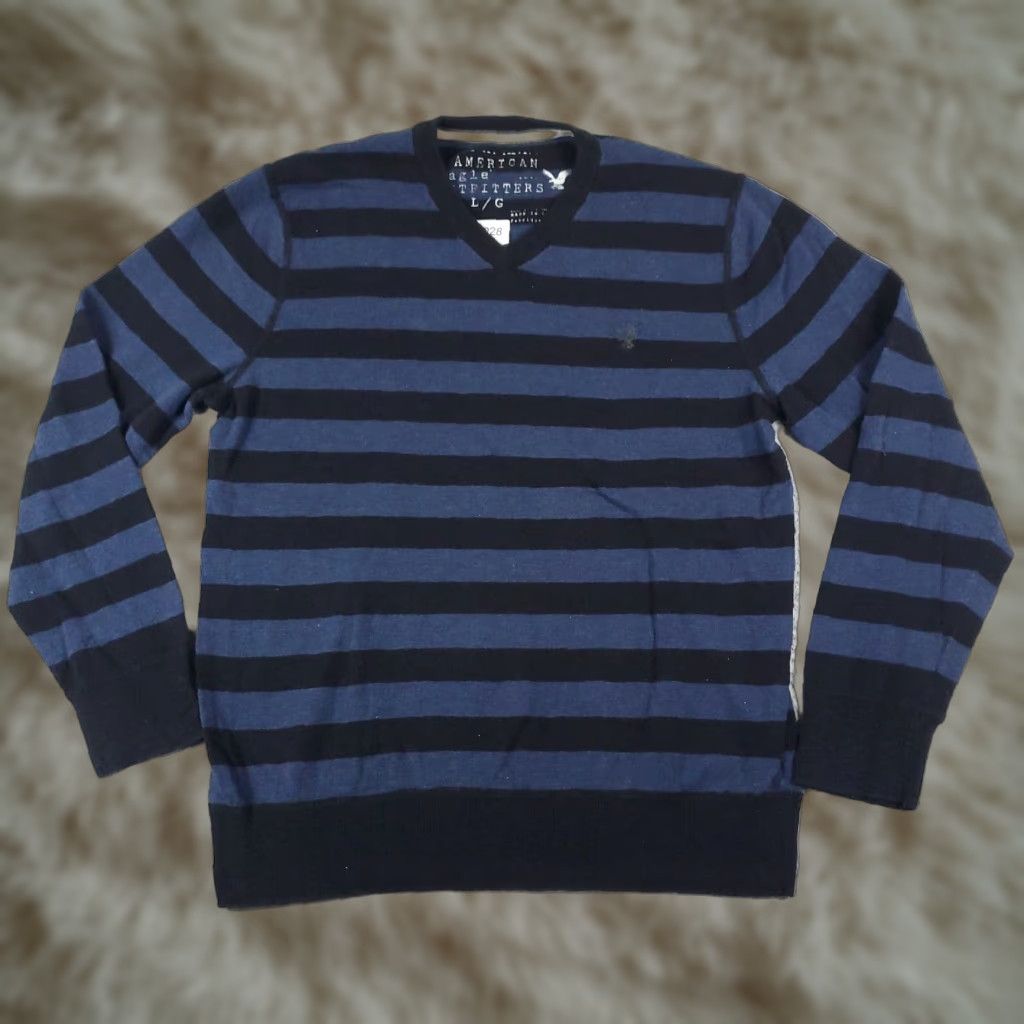 American Eagle Outfitters American Eagle Blue Striped V Neck Sweater Mens Large Pullover Size US L / EU 52-54 / 3 - 1 Thumbnail