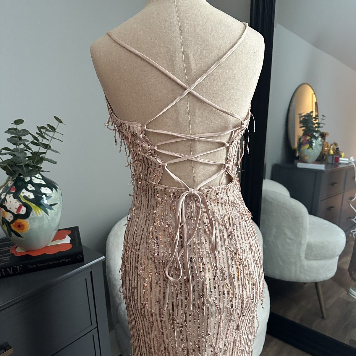 Lulus Rose Gold Sequin Fringe Lace-up Maxi Dress