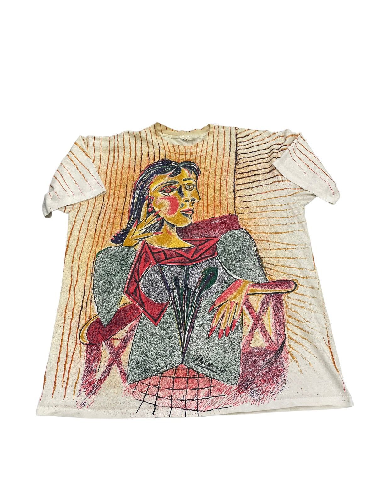 Image of Vintage 1988 Picasso All Over Print Art T Shirt Tee XL 80's in Orange, Men's