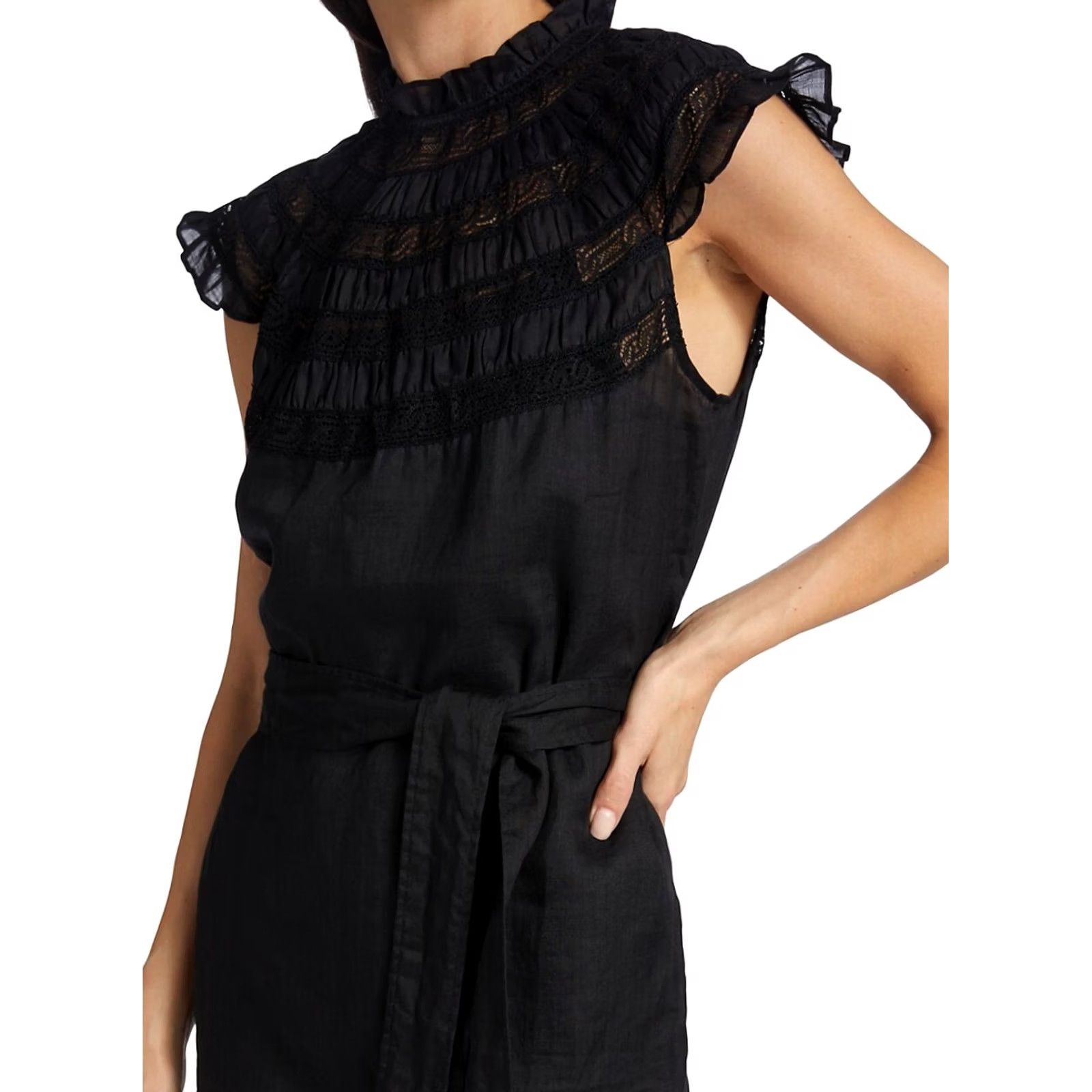 Frame FRAME Black Lace Inset High Mock Neck Ruffe Cap Sleeve 100% Ramie Mini Dress Womens M New with Tags NWT Size M / US 6-8 / IT 42-44 - 3 Thumbnail