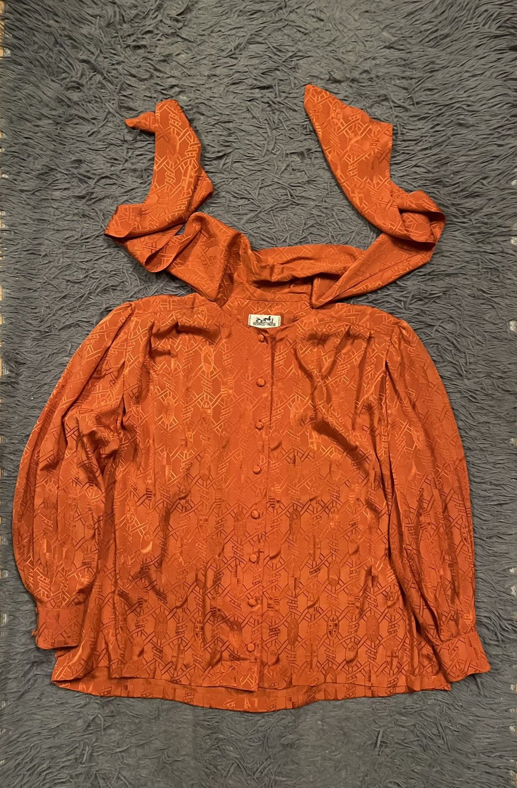 image of Archival Clothing x Hermes 80's Archive Monogram 100% Silk Blouse Shirt in Orange, Women's (Size Me