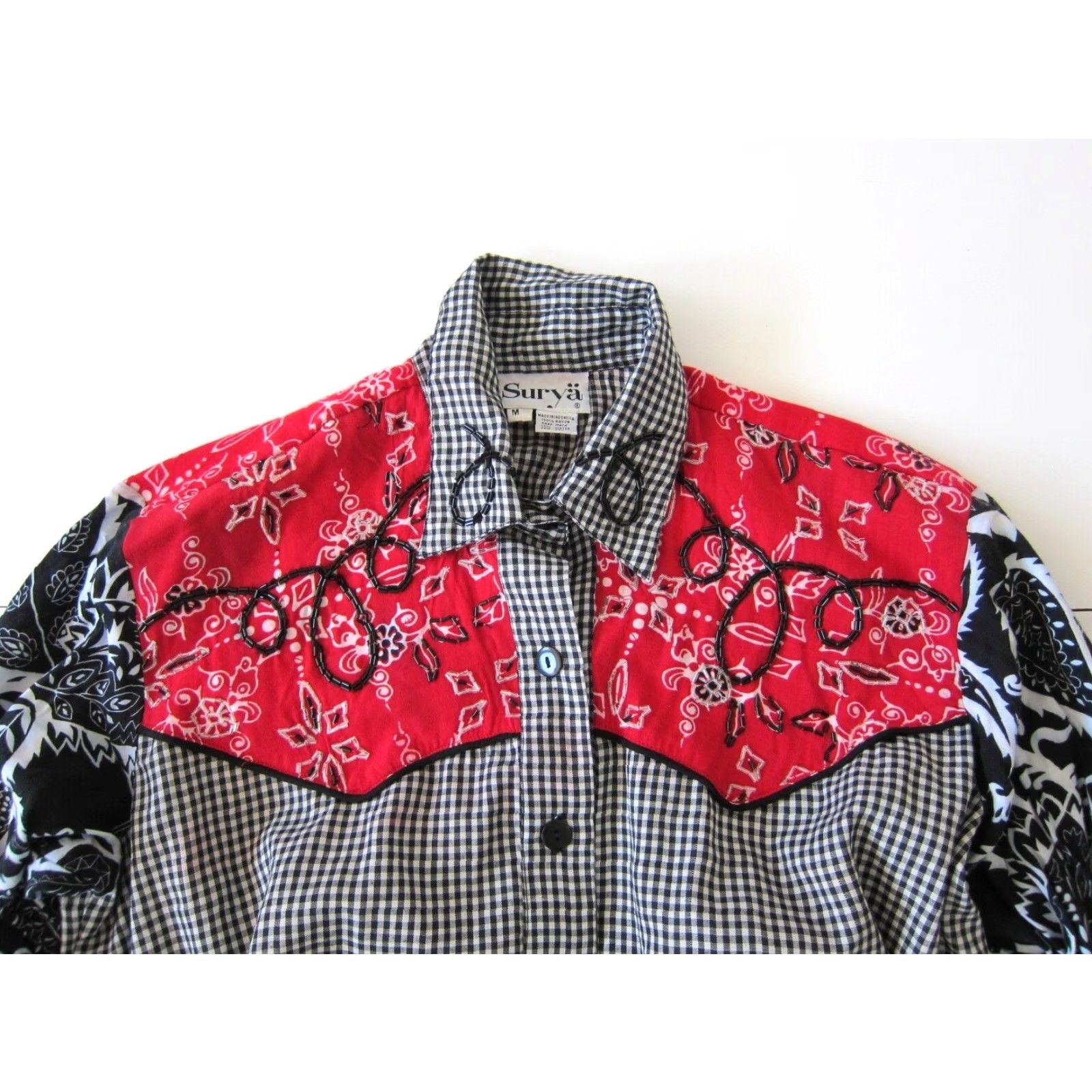 Vintage Surya Blouse Shirt Womens Medium Black Plaid Paisley Button Down Western Beaded Vintage Size M / US 6-8 / IT 42-44 - 3 Thumbnail