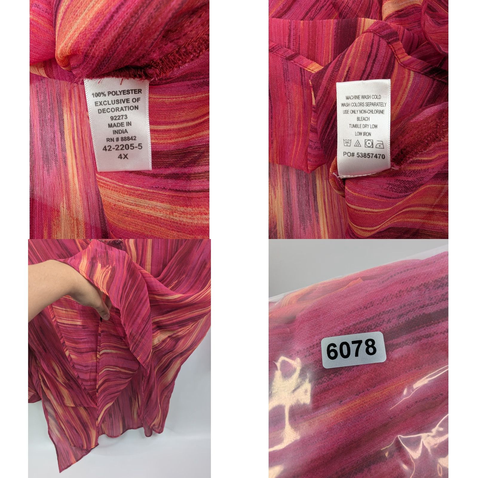 Vintage Catherines Pink Burst Ikat Texture Beaded Sequin Tunic Top 4X Pink Red Chiffon Long Sleeve V-Neck Pullover Blouse Plus Size Women Mens? Size XXL / US 16-18 / IT 52-54 - 8 Thumbnail