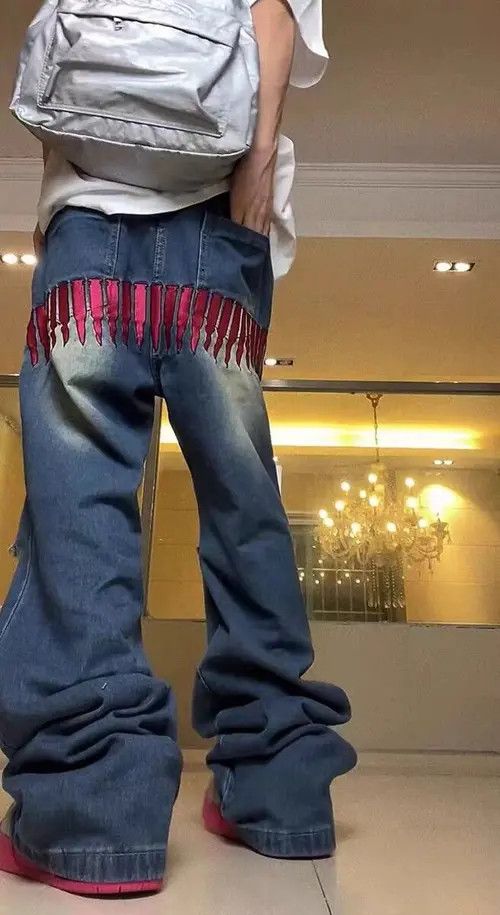 image of Retro High Street Design Embroidered Ripped Jeans in Blue, Men's (Size 32)