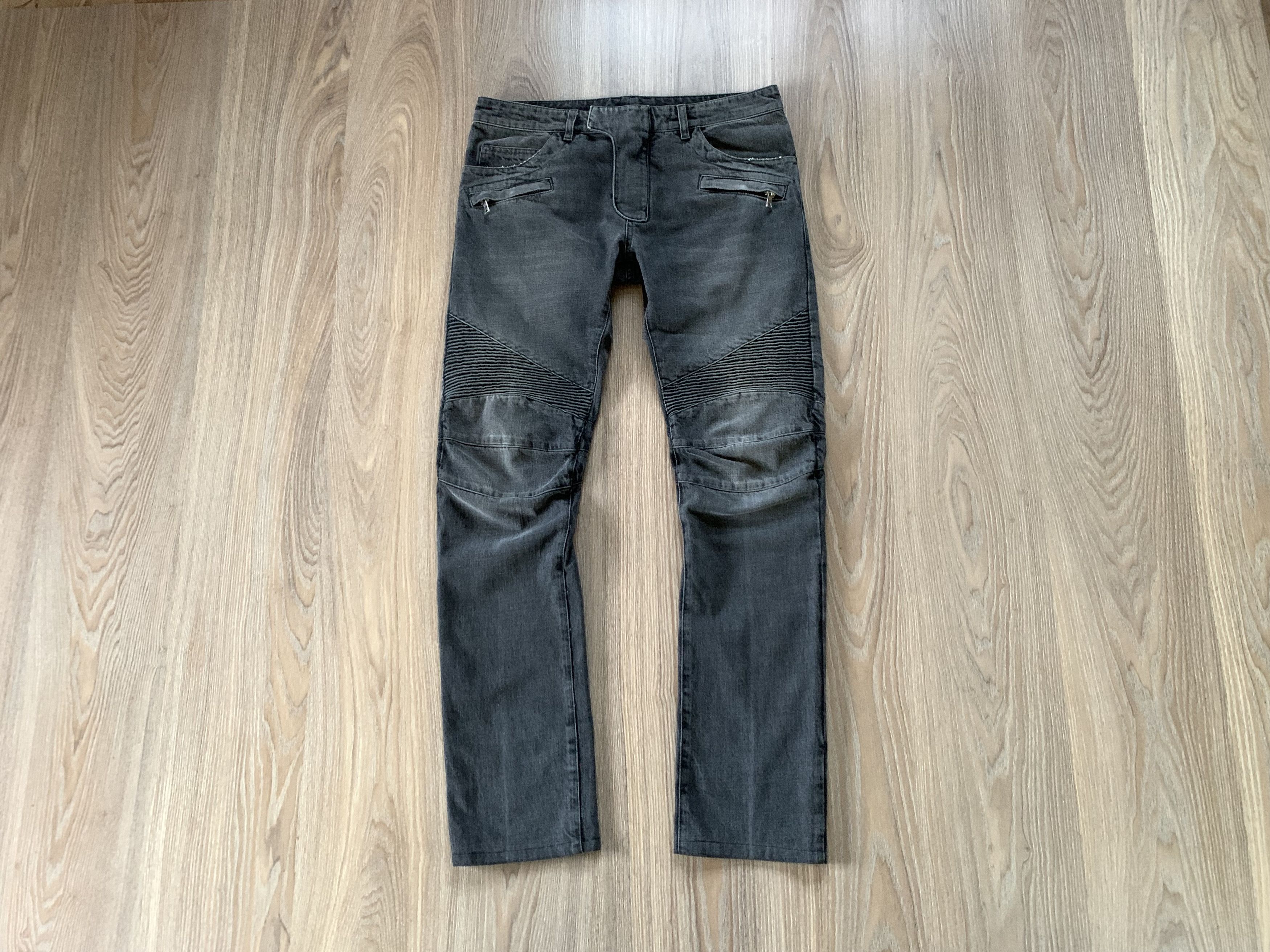 Balmain Dark Grey Ribbed Biker Jeans