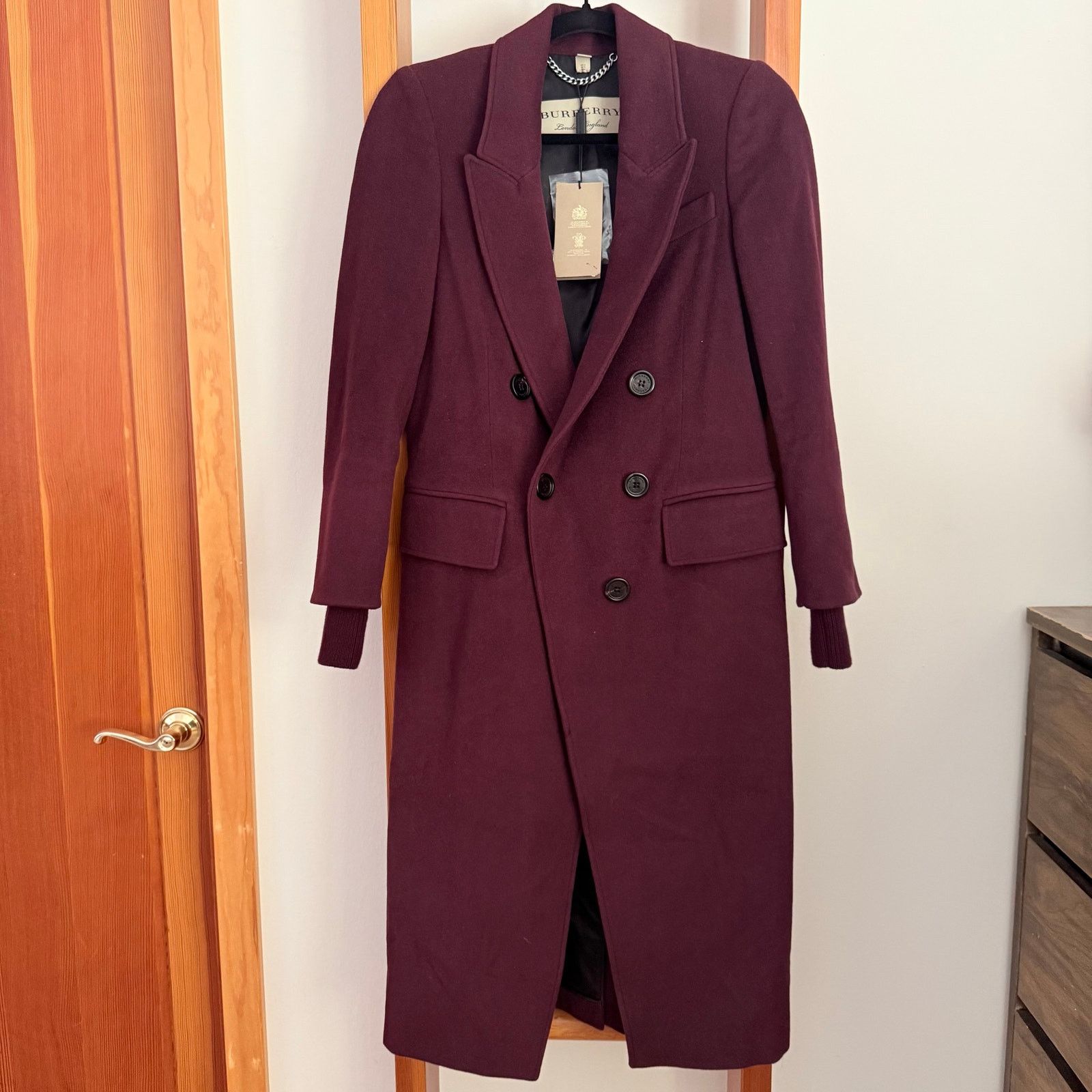 Burberry Cairndale Cashmere Coat Knit Trim US0 Burgundy NWT