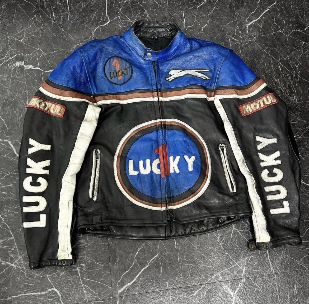 image of Leather Jaguar Racing Jacket in Blue, Men's (Size Large)