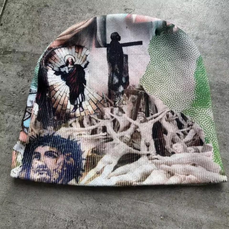 Japanese Brand Religious Collage Tapestry Beanie - Crucifixion Graphic Size ONE SIZE - 4 Thumbnail