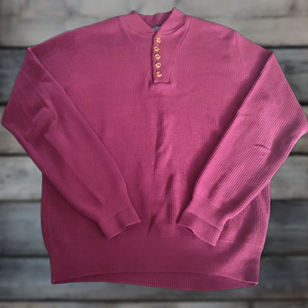 Lands' End VINTAGE Lands' End Sweater Mens Large Red Henley Ribbed 90s USA Size US L / EU 52-54 / 3 - 1 Thumbnail