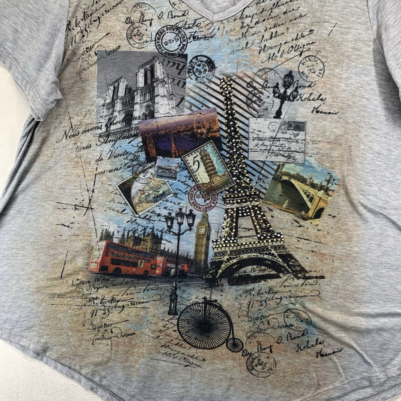 Vintage Misia Tunic Shirt 1X Plus Gray Paris Eiffel Tower Rhinestone Geometric 90s Holiday Travel V-Neck Cap Sleeve Pullover Relaxed Size XL / US 12-14 / IT 48-50 - 2 Thumbnail