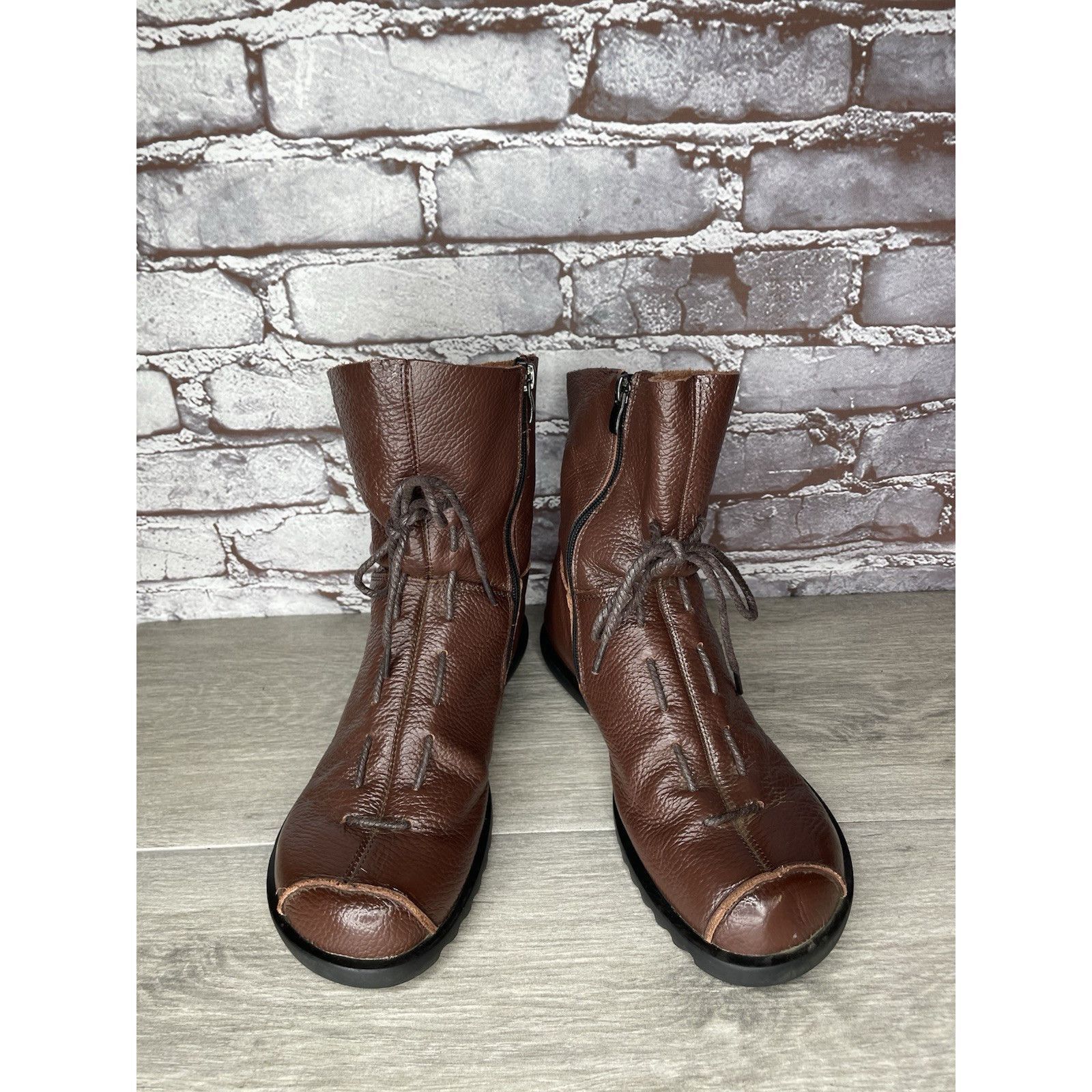 RUIbuilt Hin Rui VTG Brown Leather Ankle Boots Rope Laces Side Zip Wo Size US 8.5 / IT 38.5 - 3 Thumbnail