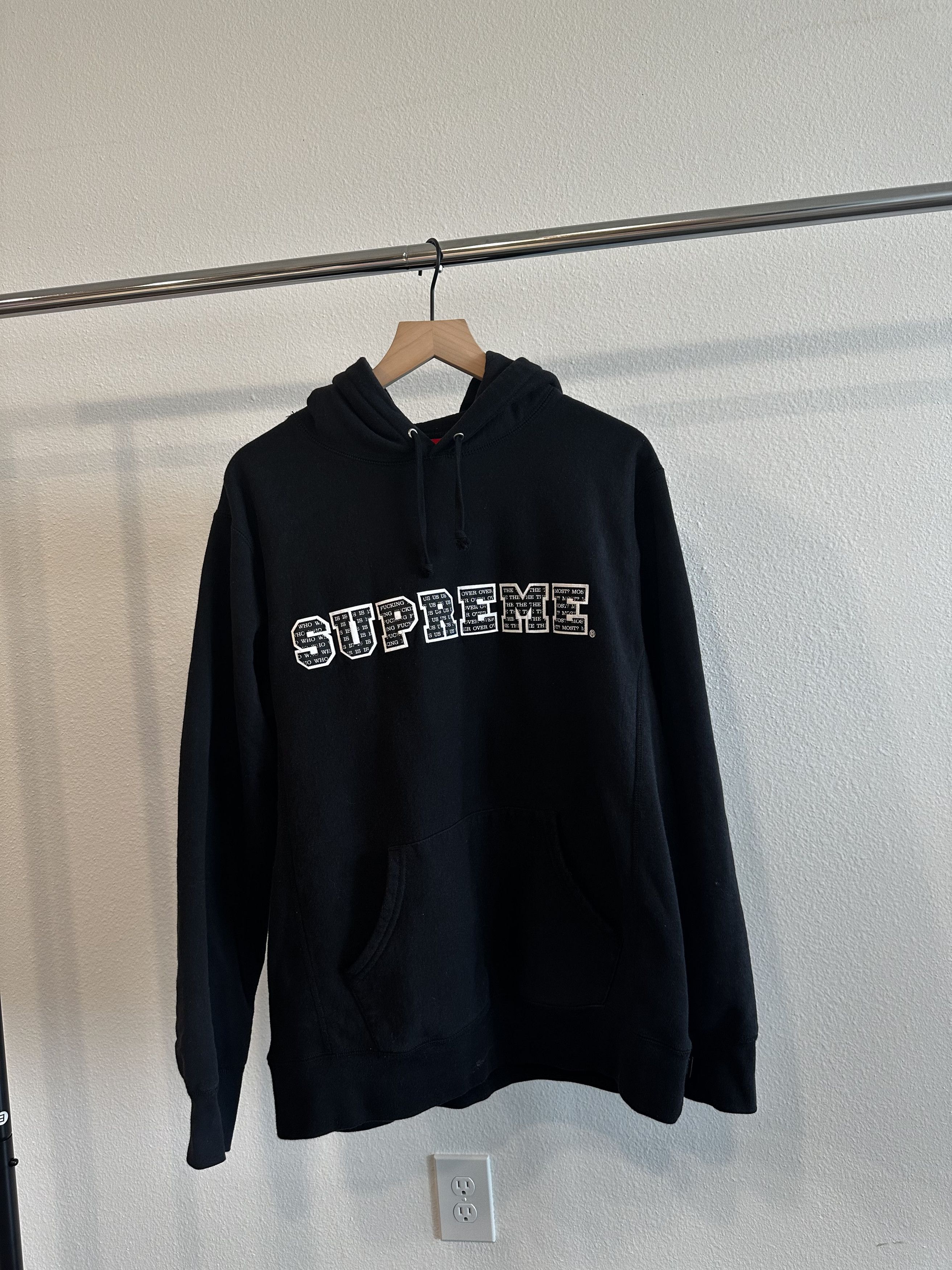 Supreme FW19 'Who is fucking us over the most' black hoodie size L | Grailed