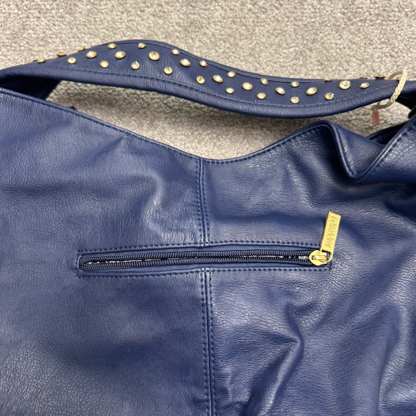 Vintage Imoshion Hobo Bag Women Navy Blue Gold Studded Faux Leather Turn Lock Medium Size ONE SIZE - 6 Thumbnail