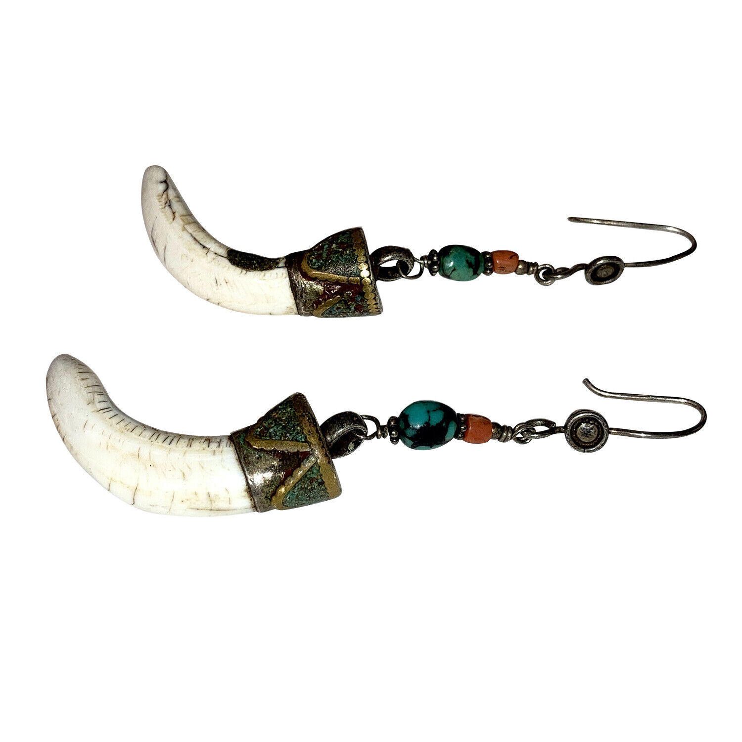 Designer Tibetan Sterling Red Coral Turquoise Shell Tusk Earrings Size ONE SIZE - 2 Thumbnail