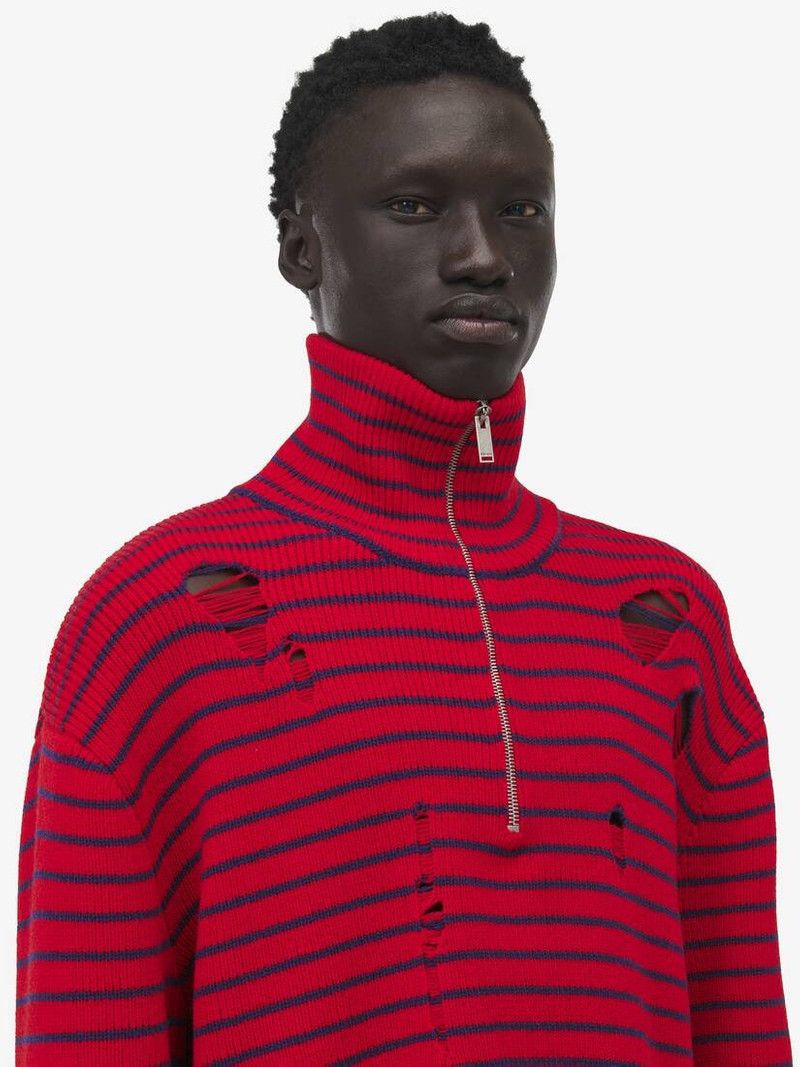 Alexander McQueen o1srvl11e0226 Distressed Striped Jumper In Red/Navy Size US L / EU 52-54 / 3 - 5 Thumbnail